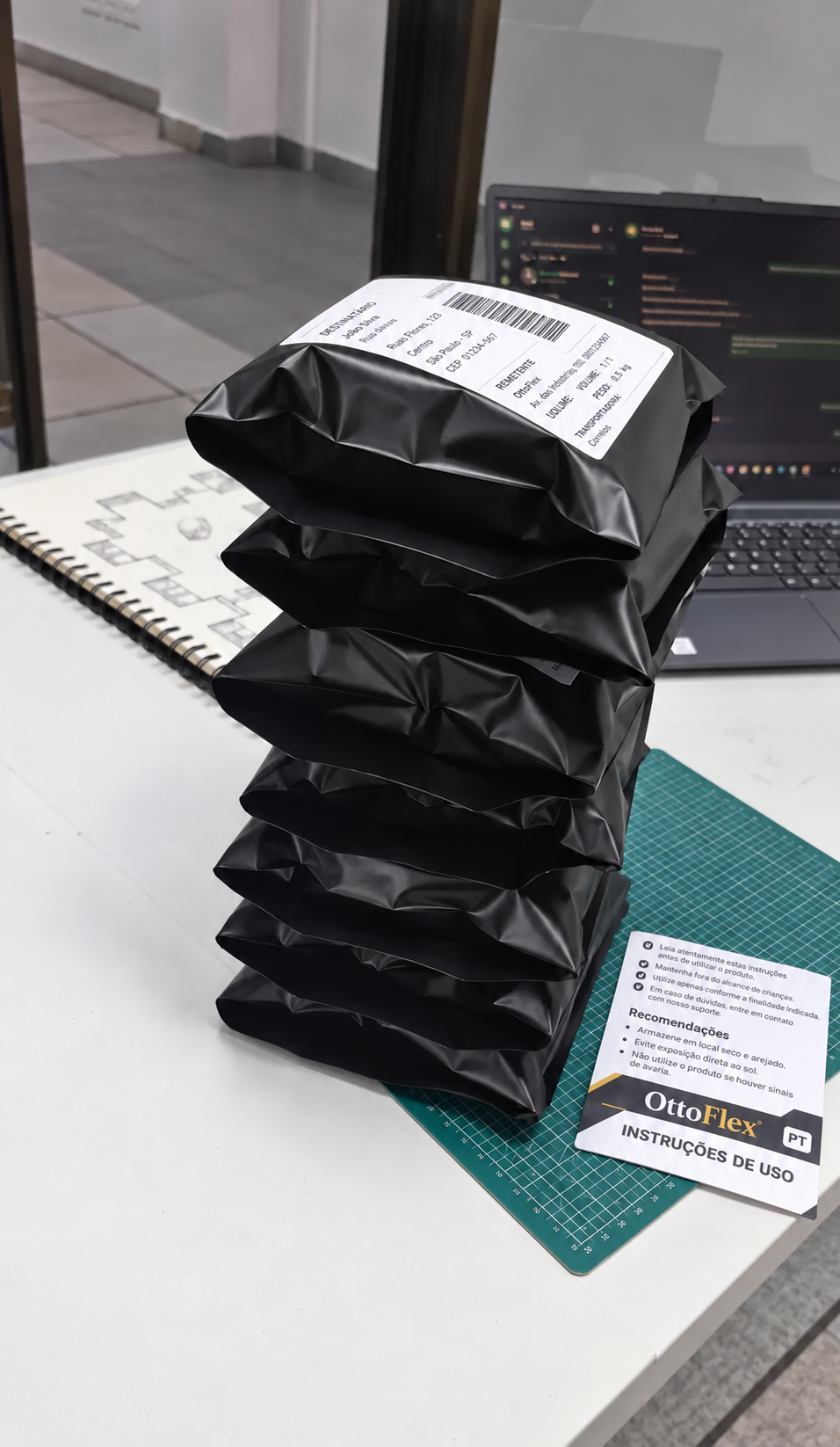 Pacotes OttoFlex com etiqueta de envio e folheto de instruções de uso