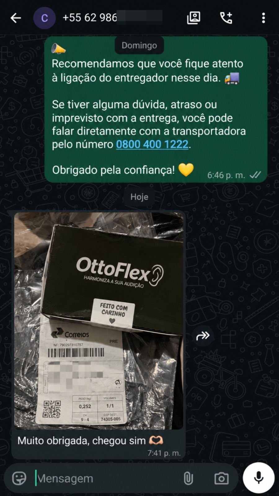 Pedido OttoFlex com etiqueta de envio em conversa de WhatsApp, dados ocultos