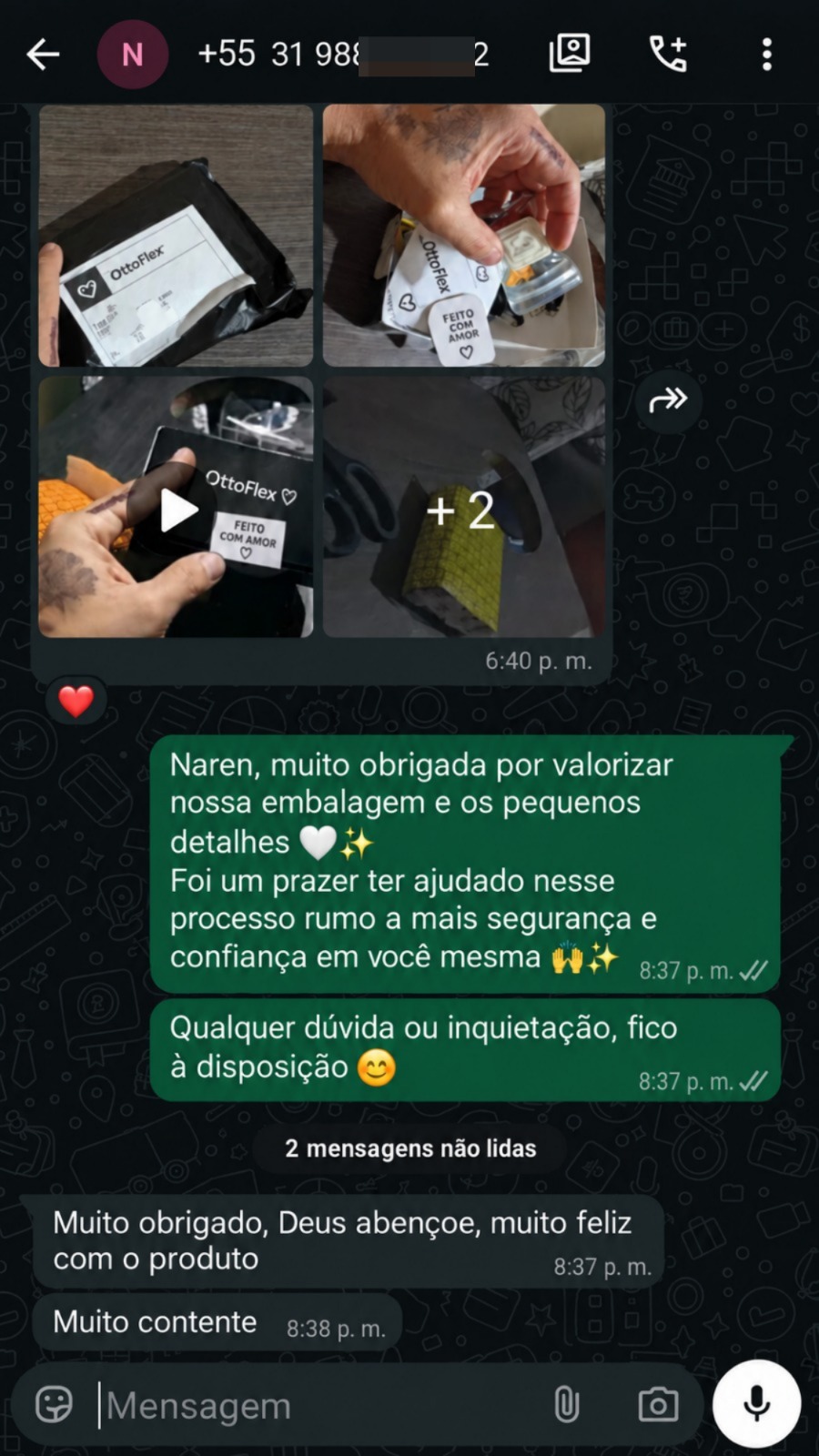 Conversa de WhatsApp com fotos dos pedidos OttoFlex embalados, número oculto