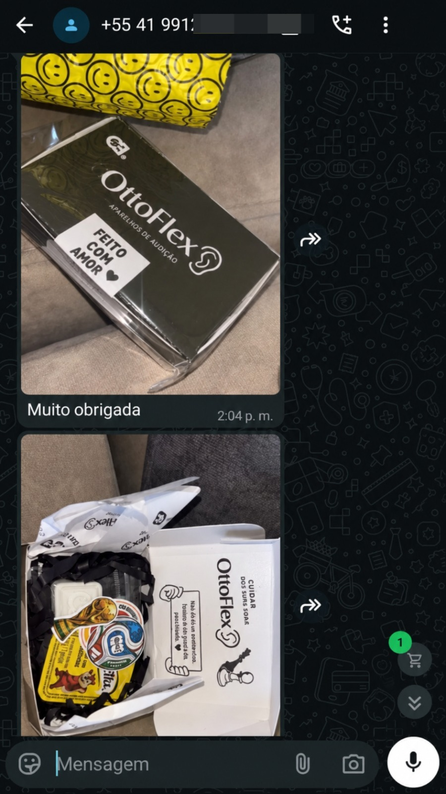 Conversa de WhatsApp mostrando as embalagens OttoFlex, número oculto